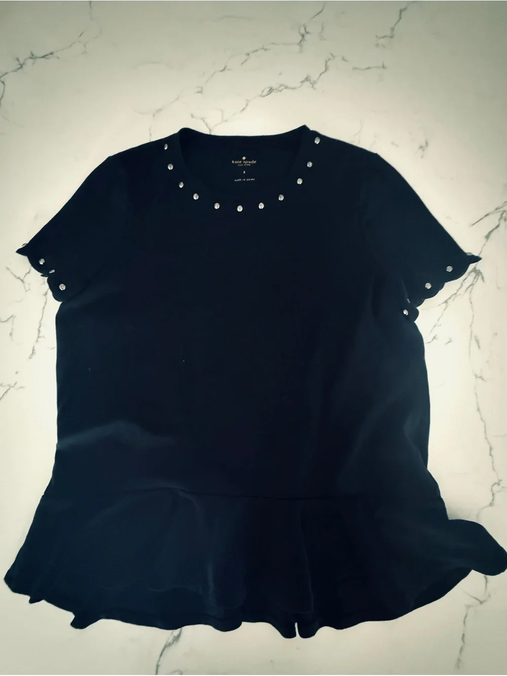kate spade Black Short-Sleeve Peplum Top with Metallic Bead Accents